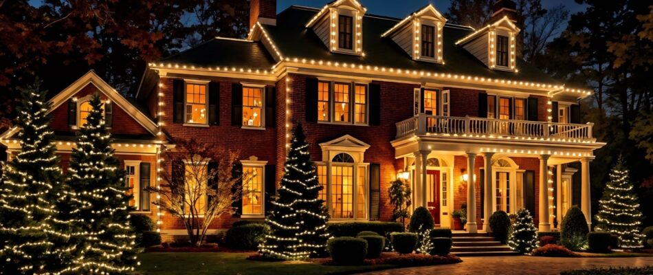 A Large House With Christmas Lights On It