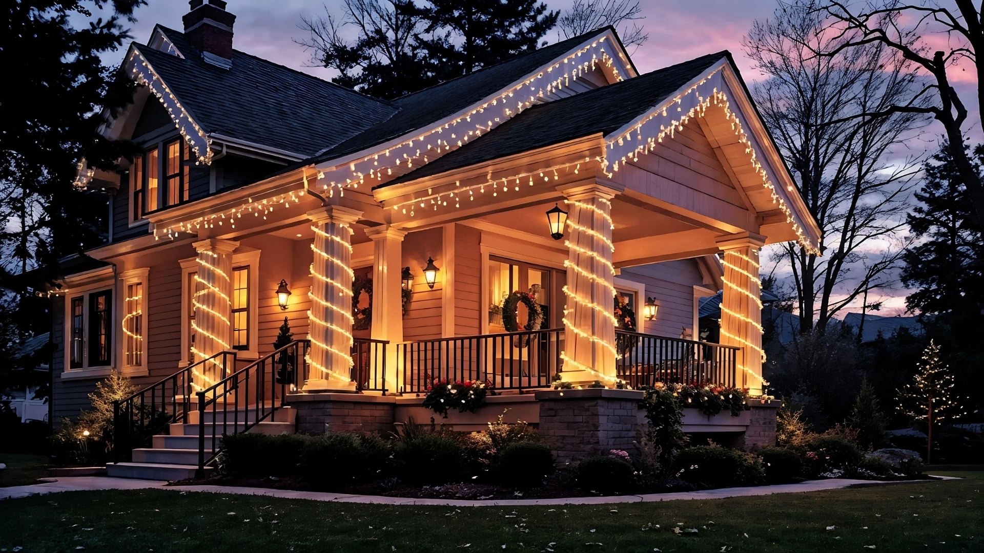 An Outdoor Christmas Light Display In Front Of A House