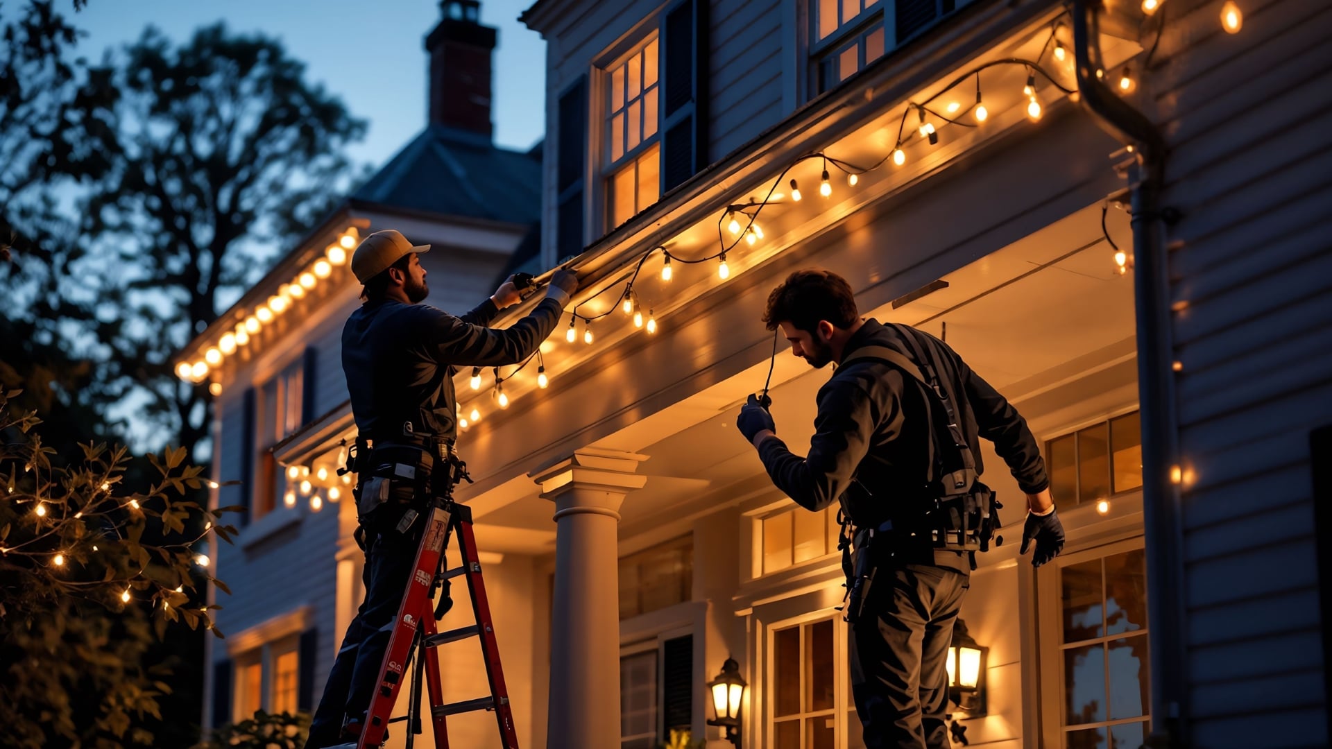 Installers Working On A House With Christmas Lights